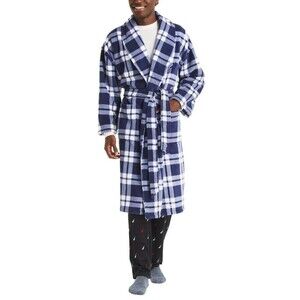NAUTICA Robe Mens Blue White Plaid Check Belted Plush Fleece Pockets Cozy OS